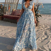 Elegant Ruffle Floral Printed Hollow Out Deep V-neck High Waist Split Maxi Dress