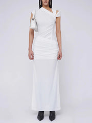 Spliced Folds Diagonal Collar Sleeveless High Waist Temperament Long Dress