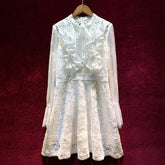 Elegant Ruffles Hollow Out Embroidery Flare Sleeve Runway Lace Mini Dress