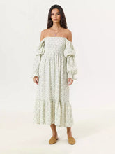 Bohemian With Off-Shoulder Print Puffed Sleeves Midi Dress