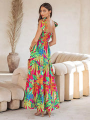 Floral Print Shirred Backless Resort Wear Maxi Slip Dress