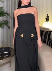 Vintage Metal Pin Design Long Dress With Scarf Strapless Sleeveless Flods Dresses
