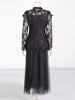 Hollow Out Spliced Lace Round Neck Long Sleeves Top High Waist Skirt Sets