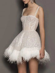 Elegant Straps Neck Sequins Sleeveless Sheer Birthday Party Mini Dress