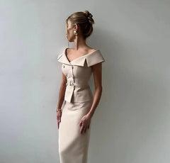 Off Shoulder Slim Double Breasted Belted Top Long Hip Package Skirt 2 Piece Set