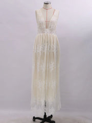 Evening V-Neck Backless Floor Length Lace Semi Formal Party Dresses