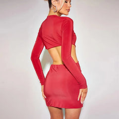 Elegant Long Sleeve O-Neck Cut Out Bandage Bodycon Mini Dress