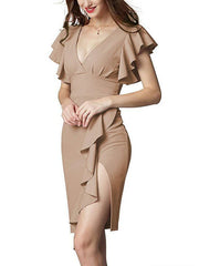 Casual Short Sleeves Cascading Ruffles V-Neck Slim Fit Sheath Bodycon Dresses