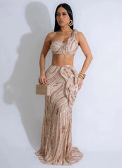 One Shoulder Sleeveless Crop Tops and Fishtail Skirt Two Piece Sets Outfits