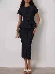 Casual Short Sleeve Shirt With High Waist Midi Slim Print Skirts Set Two Piece