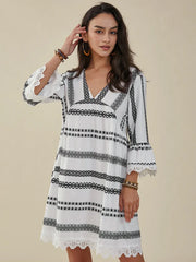 Bohemian Geo Print Lace Stitch V-neck Midi Dress