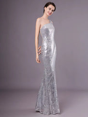 Silver Mermaid Sequined One-Shoulder Evening Dress