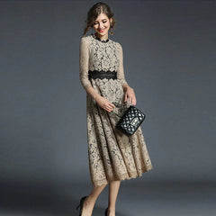 Elegant O-Neck Hollow Out Acetate Slim Office Lady Lace Midi Dress