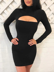 Short Mock Neck Long Sleeve Cut Out Slim Fit Sheath Bodycon Dress
