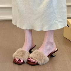 Faux Fur Mules Slippers Pointed Toe Slip-On Thin Heel
