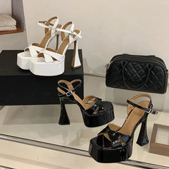 Patent Leather Sandals Platform Square Toe Buckle Strap Shoes