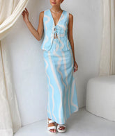 Loose Print Sleeveless Tank Top With High Waist Long Skirt Two Pieces Set