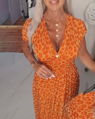 Women's Printed V-Neck Leopard Print Maxi Dress
