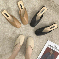 Flats Slippers Mules Elegant Square Closed Toe Flat Slippers Female Shoes