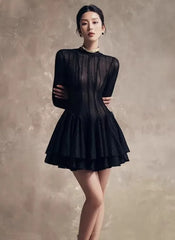 Solid Hollow Out Slimming O Neck Long Sleeve High Waist Temperament Dresses