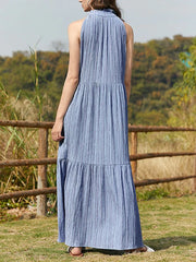 Solid Button Stand Collar Sleeveless Maxi Dress