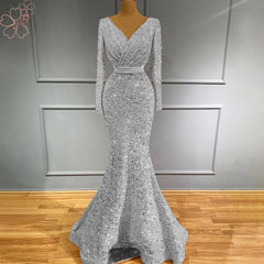 Elegant Sparkle Sequin V Neck Long Sleeves Formal Wedding Prom Party Gowns