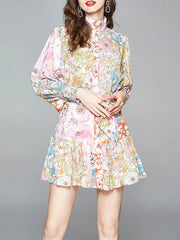 Skater Printed High Collar Lace Up Floral Print Casual Long Sleeves Polyester Fit And Flare Dress