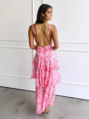 Bohemian Floral Printed With Deep V-Neck Layered Ruffle Maxi Dress