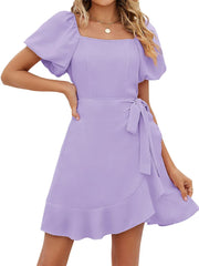 Casual Square Neck Ruffle Short Sleeve Loose Polyester Mini Dress