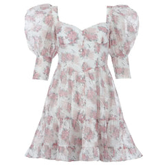 Floral V Neck Button Lantern Sleeve Party Mini Dress