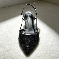 Crystal Detail Pointed-Toe Pumps Breathability Mesh Kitten-Heel Sandals Cozy Adjustable Back Strap Designer Shoes