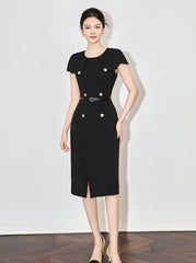 Formal Designer Double Breasted Cloak Sleeve Office Style Midi Dress