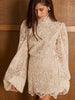 Elegant Puff Sleeve Lace Turtleneck Hollow Out Perspective Tops Irregular Hem Lace Short Skirt Loose Sets