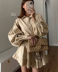 Elegant Loose Long Sleeve Shirt With High Waist Mini Pleated Skirt 2 Piece Set