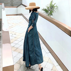 Embroidery Long Mid-Calf Denim Dresses