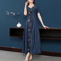 Denim V-neck Embroidery Dresses Beading Style