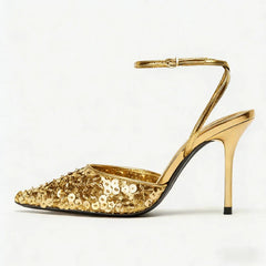 Bling Sequins Decoration Pumps Pointy Toe Ankle Strap High Heel