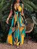 Casual Tropical Print V-Neck Waist Section Cable Knit Fit And Flare Maxi Dress