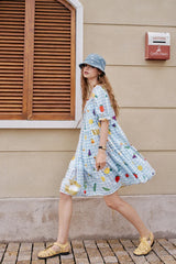 Fruit Print Square Collar Checkered Bubble Sleeve Chic Dress