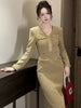 Casual V-Neck Solid Diamonds Vintage Long Sleeve Slim Midi Pencil Dress