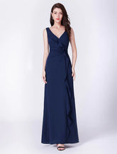 Chiffon Long Cascading Ruffles V Neck Floor Length Formal Prom Bridesmaid Dresses