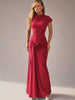 Elegant Skew Collar Short Sleeves Lace Up Ruched Tight Streetwear Bodycon Maxi Dress