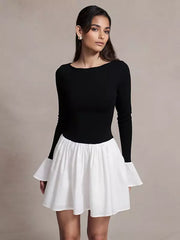 Casual Bell Sleeve Skater Contrast Color Mini Dress