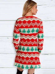 Skater Dresses Christmas Pattern Polyester V Neck Long Sleeves Fit Dress