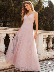 Prom A-Line V-Neck Lace Pearls Floor-Length Evening Dresses