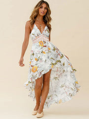 Floral Print Crochet Asymmetrical Sleeveless Midi Dress