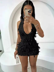 Elegant See Through Weird Puss Halter Tassel Trend Backless Skinny Stretch Midnight Bodycon Clubwear Dress