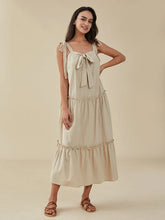 Solid Bow Tie Backless Strap Ruffle Trim Midi Dress