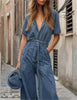 Casual Button Down Long Pants Rompers with Pockets Short Sleeve Denim Jumpsuit