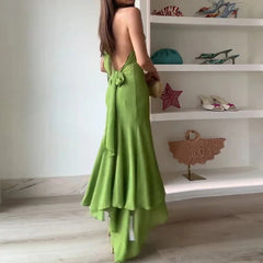 Casual Backless Halter Lace-up Office Solid High Waist Slim Ruffle Dress